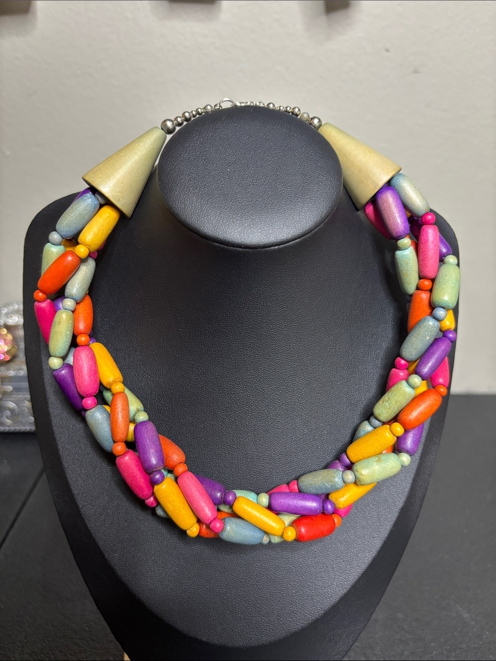 Vintage Retro Colorful Wood Multistrand Bead Necklace Vibrant